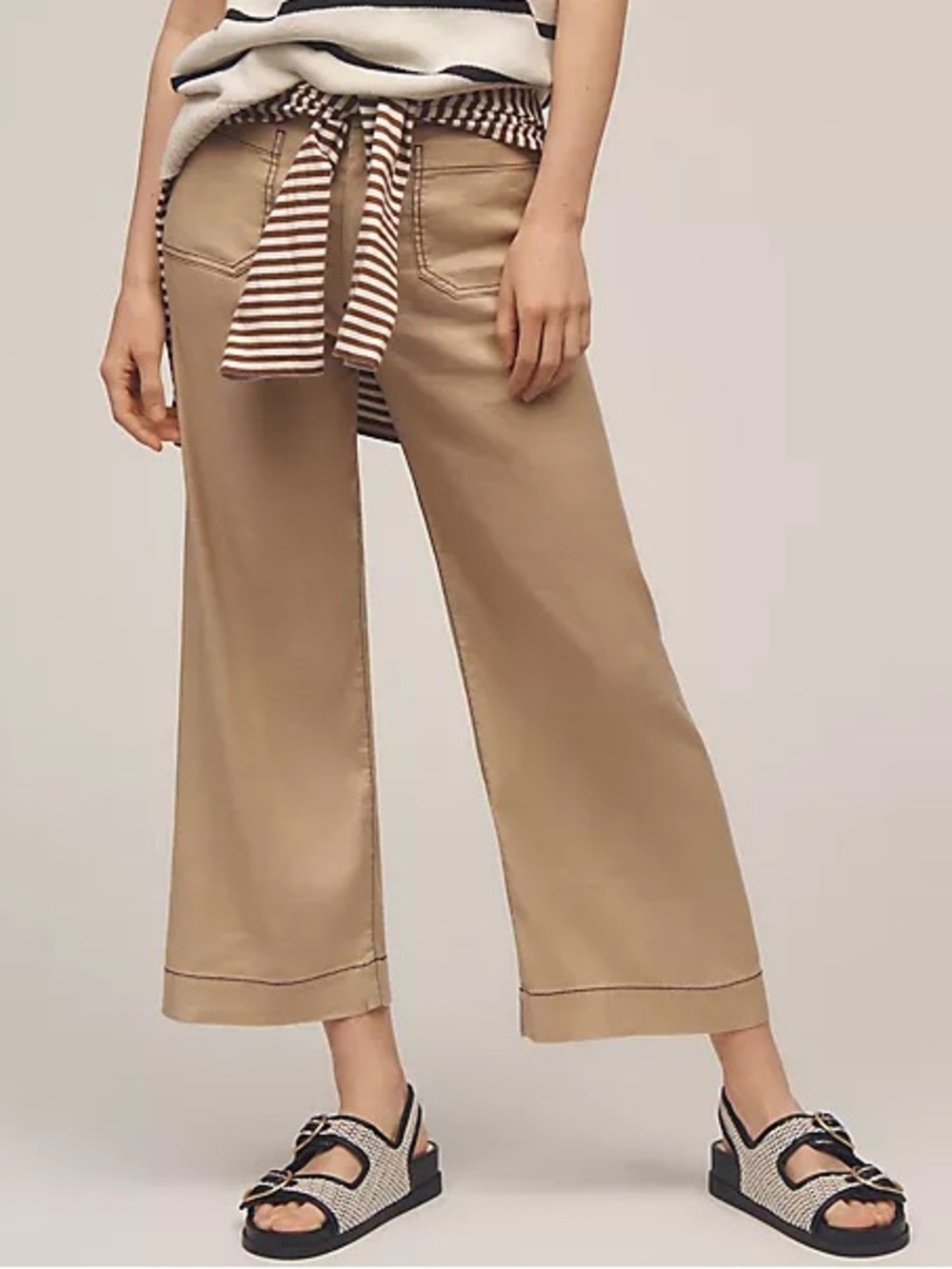 Anthropologie Maeve The Colette Contrast Stitch Linen Crop Wide Leg Pants Boho